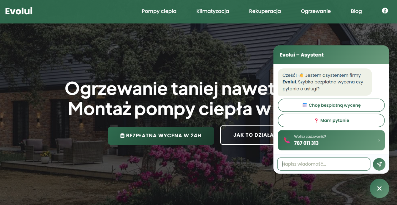 Strona Evolui z chatbotem AI